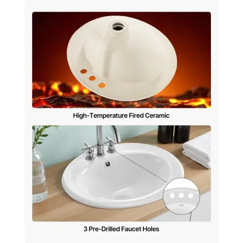 VEVOR Halbeinbauwaschbecken Handwaschbecken 485 x 425 mm ovales Aufsatzwaschbecken mit Überlauf & 3 Wasserhahnlöchern, modernes Einbauwaschbecken für kleine Räume Küchen Badezimmer Weiß – Bild 5