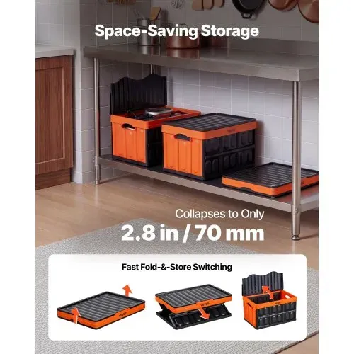 VEVOR Klappbox 45 L 3er-Pack, Faltbare Aufbewahrungsboxen aus Kunststoff, Stapelbare Klappkörbe mit Deckel, Tragkraft 20 kg pro Box, Klappkiste, Ideal für Haushaltsorganisation, Orange & Schwarz – Bild 3