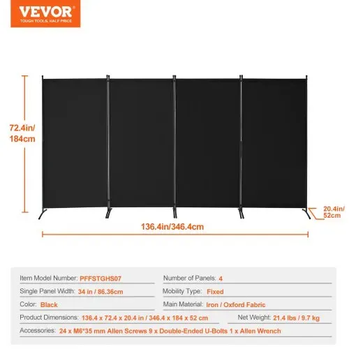 VEVOR Raumteiler 4 Paneele Paravent 3464 x 1840 x 520 mm, faltbarer Sichtschutz & tragbarer Trennwandteiler zur Raumtrennung, freistehende Raumteiler für Büro Schlafzimmer Arbeitszimmer, Schwarz – Bild 6