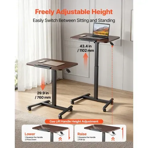 VEVOR Höhenverstellbarer Schreibtisch Computertisch 650x480x(760-1102)mm, Metallgestell, MDF-Tischplatte, 0-90° Neigbar, 15kg Belastbarkeit, Lenkrolle mit Bremsen, Steh-Sitz Tisch für Homeoffice Büro – Bild 2