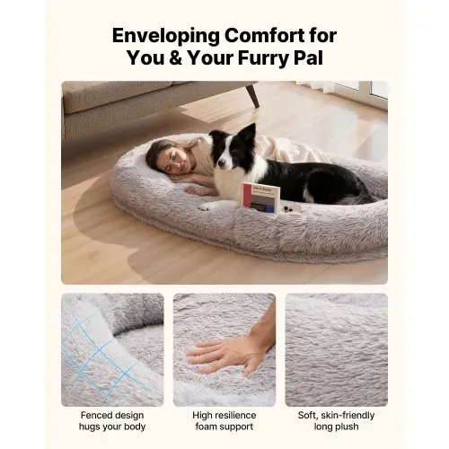 VEVOR Hundebett für Menschen, 1710x1000x240 mm, Memory-Schaum-Hundebett in Menschengröße, mit Seitentasche, Griff & Reißverschluss, abnehmbarer, maschinenwaschbarer Bezug, Hochflor, Grau – Bild 2