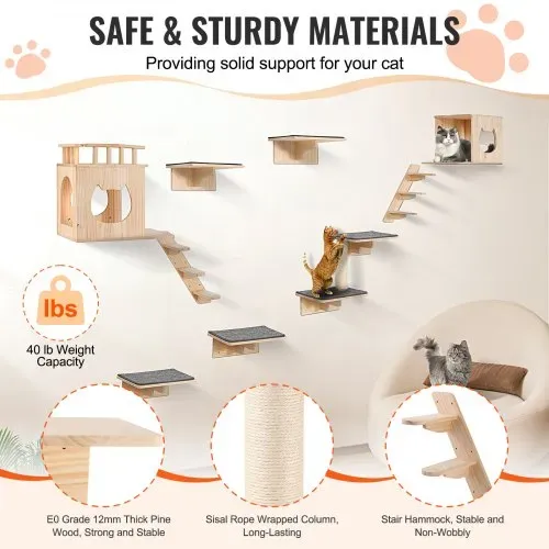 VEVOR Katzenregale zur Wandmontage, Katzenwandregale und Sitzstangen mit Sprungbrettern, Katzenbetten, Hängematten und Katzenbaum, Katzenmöbel und Regale bis zu 18 kg zum Schlafen, Spielen, Klettern, 9er-Set – Bild 2