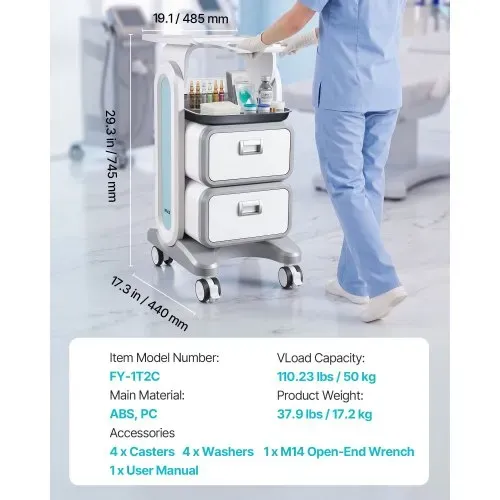 VEVOR Laborwagen mit 3 Ebenen, Laborwagen mit 2 Schubladen und 1 oberen Ablage, mobiler medizinischer Wagen aus ABS-Material, Laborrollwagen mit 4 leisen Rädern für Labor, Klinik, Krankenhaus, Salon, weiß – Bild 6