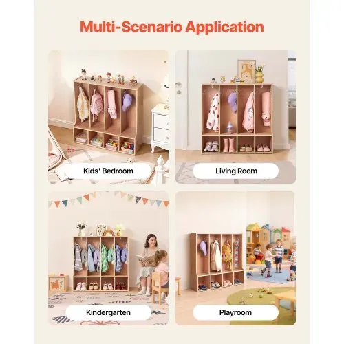 VEVOR Offener Kinderkleiderschrank aus Sperrholz, Kindergarderobe mit 8 Haken & 8 Fächern (4 Groß + 4 Klein), Garderobenregal & Aufbewahrungsregal für Kinderzimmer Zuhause Kindergarten Kita – Bild 5