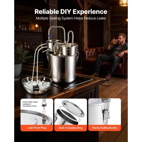VEVOR Distillieranlage 30 L mit Thumper-Fass Wasserpumpe Thermometer Silber, Destillationsset mit Doppelskala-Thermometer für Whisky, Wein und Brandy, Destillierer-Heimbrauset für Hobby und Küche – Bild 4