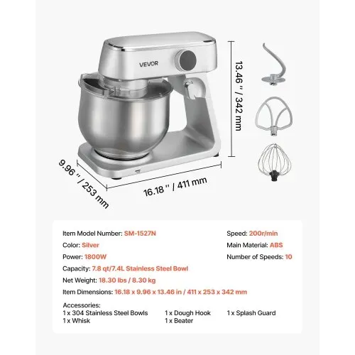 VEVOR Knetmaschine Küchenmaschine zum Backen, 1800 W Teigmaschine mit Edelstahlschüsseln (7,4 L) & Knethaken & Rührbesen & Schneebesen, 10-Gang einstellbare kippbare Rührmaschine Standmixer – Bild 6