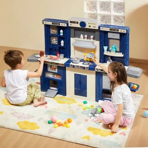 VEVOR Kinderküchen-Spielset, 3-in-1-Kleinkinderküche mit simuliertem Sprühnebel, Geräuschen und Lichtern, Spielküchenset mit 74-teiligem Kochzubehörset für Kleinkinder, Vorschulkinder, Kinder im Alter von 3–8 Jahren, Blau – Bild 7