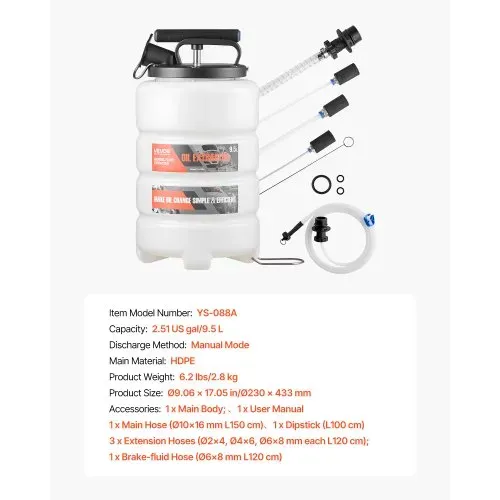 VEVOR Flüssigkeitsabsauger, 9,5 L Fassungsvermögen, Manuelle Ölabsaugpumpe mit Schlauch & Verlängerungsschläuchen, Öltransfersystem mit HDPE-Tank, Pumpenwerkzeug für Autos, Rasenmäher, Boote – Bild 6
