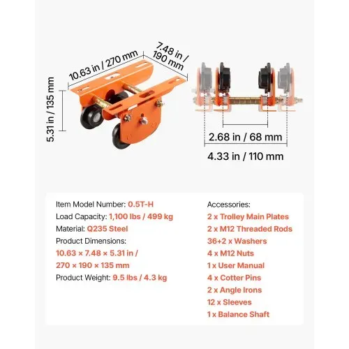 VEVOR Laufkatze mit 499 kg Tragkraft, Manuelles Rollfahrwerk mit Doppelrädern & 68-110 mm Flanschbreite, Handfahrwerk aus Kohlenstoffstahl für I-Träger, Krankatze für PA200 PA250 PA300 PA400 PA500 – Bild 6