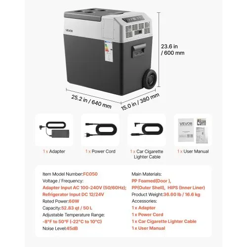 VEVOR Kompressor Kühlbox 50 L, Auto Kühlschrank mit Griff, App-Steuerung & Rädern, 12 V/24 V DC, 100–240 V AC, -22 °C bis 10 °C, Elektrische Gefrierbox für LKW, Van, Wohnmobil, SUV & Camping – Bild 6