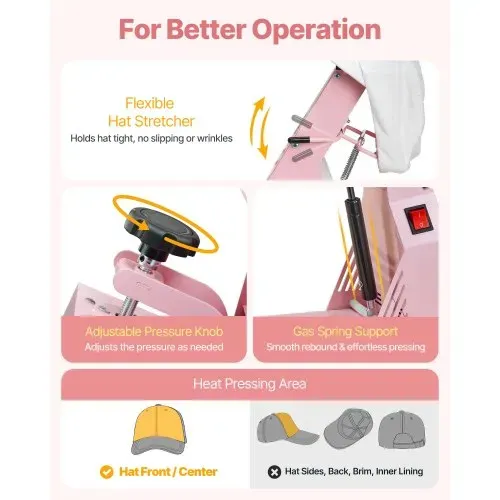 VEVOR Hutpresse mit 2 austauschbaren Platten (160 x 65 mm / 160 x 80 mm), Hut-Hitzepresse mit präziser Temperatur- und Zeitregelung, Mützenpresse Heat Press für Stirnbänder Gesichtsmasken Rosa – Bild 4