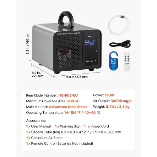 VEVOR Ozongenerator 36000mg/h, Industrielles Ozongerät mit 15s Startverzögerung Wasser-Ozonisierung & Fernbedienung, Ozonisator für Max. 300㎡, Ozon-Luftreiniger gegen Gerüche für Auto Hotel Wohnung – Bild 6