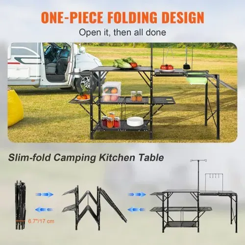 VEVOR Campingküche Outdoor Camping Küche 174 x 50 x 160 cm, Reiseküche Zeltschrank Zusammenklappbar 40 + 22 kg Klappbarer Campingtisch Küchenbox Arbeitsplatte Platz für die Spüle Tragetasche Shwarz – Bild 3
