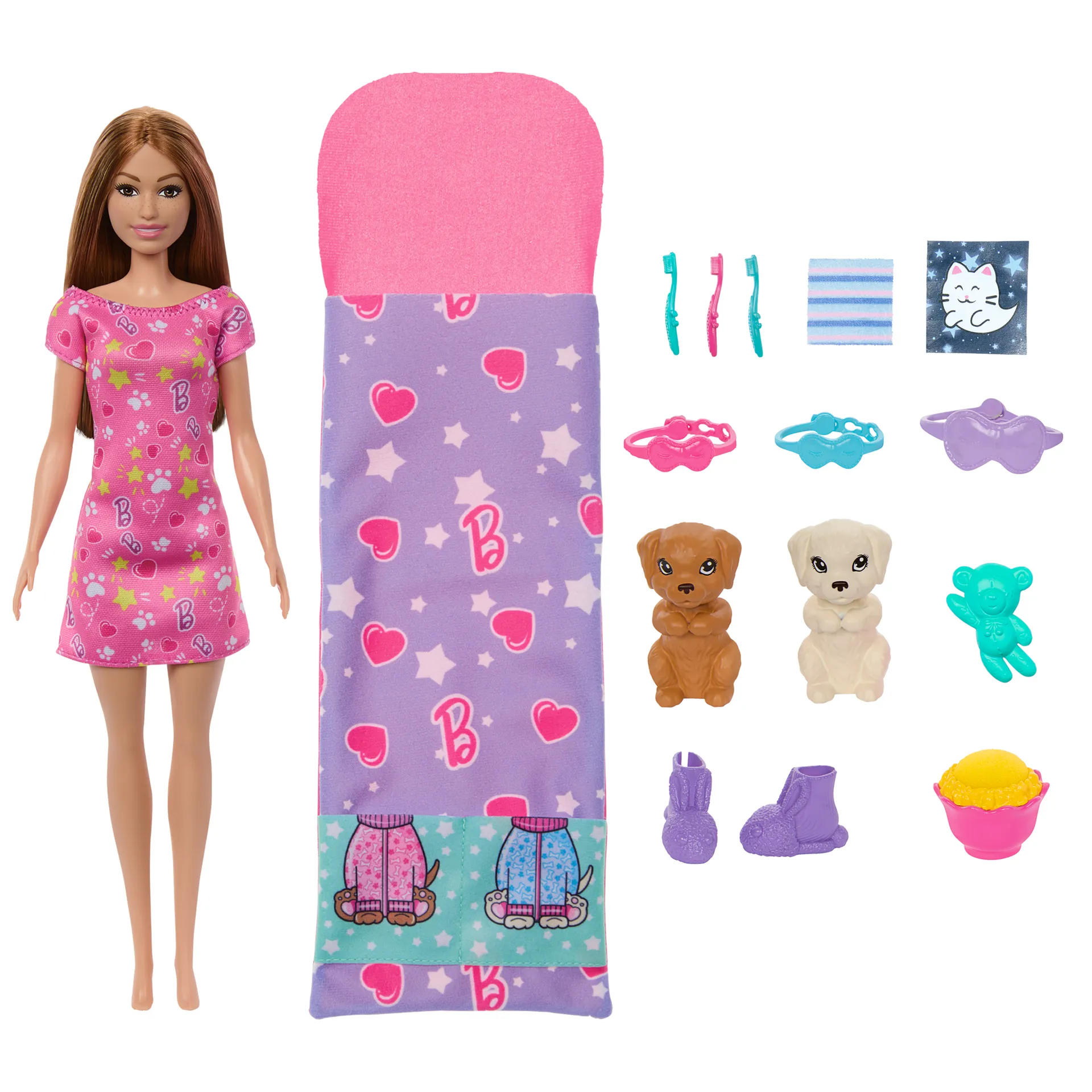 Barbie Barbie-Puppe und Welpen-Pyjama-Party-Spielset mit 2 Spielzeughunden und mehr als 10 Zubehörteilen, Farbwechsel Barbie Barbie-Puppe und Welpen-Pyjama-Party-Spielset mit 2 Spielzeughunden und mehr als 10 Zubehörteilen, Farbwechsel