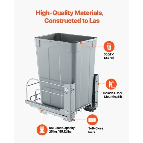 VEVOR ausziehbarer Mülleimer (35 Qt) für Küchenschränke, Unterbau-Abfallbehälter (30 kg belastbar) mit robustem Soft-Close-Schiebesystem aus Metall und Türsatz, für Spüle Unterbau – Bild 2
