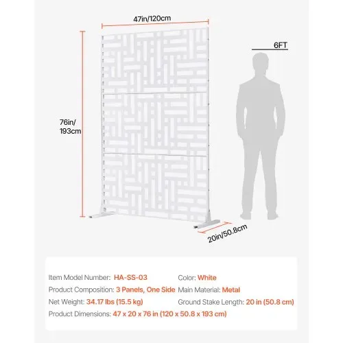 VEVOR Paravent, 120x50,8x193 cm, freistehende Außentrennwand mit Ständer, Sichtschutz, Trennwand, Raumtrenner, dekorativer Raumteiler aus Stahl für Balkon, Terrasse, Innenbereich, Whirlpool, weiß – Bild 6