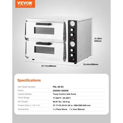 VEVOR elektrischer Pizzaofen für 457 mm Pizza 2500 + 2500 W Pizzabackofen bis 450 °C, Pizzamaker mit Zeit- und Temperaturregelung & Doppelkammer, Pizzabackmaschine Pizzamaschine multifunktional – Bild 6