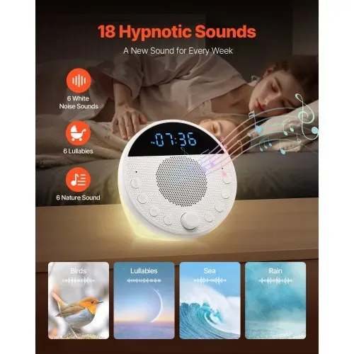 VEVOR Einschlafhilfe, White Noise Machine, 18 Musiktitel & 7-farbiges Nachtlicht, 5-in-1-Soundmaschine mit weißem Rauschen, 2 Alarmen, automatischer Abschaltfunktion & Speicherfunktion, Rauschgerät VEVOR Einschlafhilfe, White Noise Machine, 18 Musiktitel & 7-farbiges Nachtlicht, 5-in-1-Soundmaschine mit weißem Rauschen, 2 Alarmen, automatischer Abschaltfunktion & Speicherfunktion, Rauschgerät