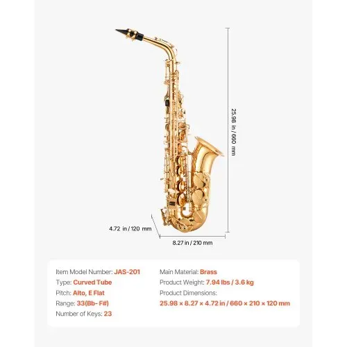 VEVOR Altsaxophon, E-Dur, Messingsaxophon-Anfängerset mit Tragetasche, Mundstück, Gurten, Reinigungstuch, Handschuhen, Fett, Umhängeband, 23 Tasten Altsaxophon-Set, für Anfänger & Schüler, Gold – Bild 6