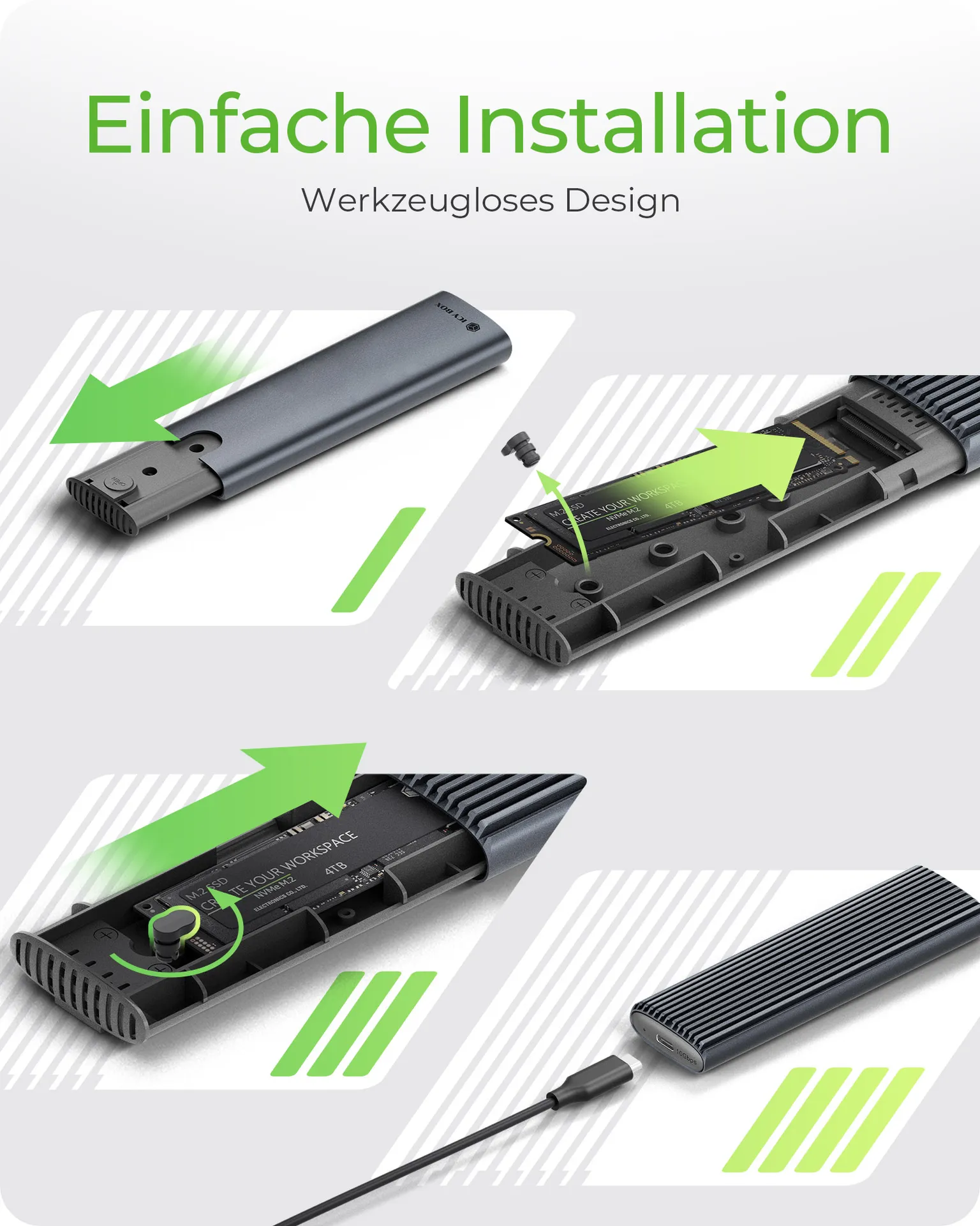 ICY BOX IB-1808MCT-CU31, Type-C®/A USB 3.2 Gen 2 zu NVMe/SATA M.2 2230/2242/2260/2280 SSD Gehäuse, Werkzeuglos, schwarz – Bild 2