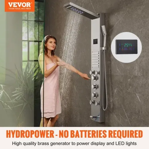 VEVOR Duschpaneelsystem, 6 Duschmodi, LED- und Bildschirm-Wasserkraft-Duschpaneelturm, Regenfall, Wasserfall, 5 Massagedüsen, Wannenauslauf, Handbrause, wandmontiertes Duschset aus Edelstahl VEVOR Duschpaneelsystem, 6 Duschmodi, LED- und Bildschirm-Wasserkraft-Duschpaneelturm, Regenfall, Wasserfall, 5 Massagedüsen, Wannenauslauf, Handbrause, wandmontiertes Duschset aus Edelstahl