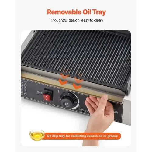 VEVOR kommerzieller Panini-Grill Kontaktgrill 2200 W für Sandwiches Steak Bacon Hamburger, Sandwichmaker Pressgrill aus Edelstahl mit Griff & Temperaturregelung & 34 x23 cm Heizplatte, Paninipresse – Bild 3