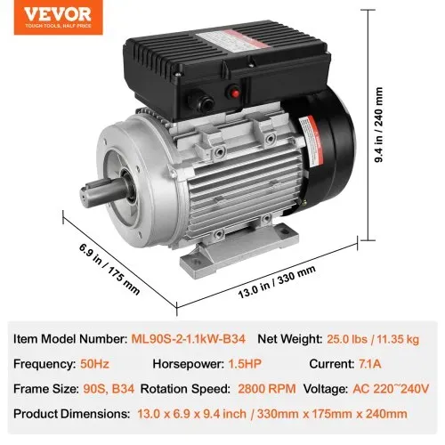 VEVOR 1,1 kW Elektromotor 2800 U/min, AC 220–240 V 7,1 A, 90 S, B34-Rahmen, Luftkompressormotor einphasig, 24 mm Keilwelle, Rechts-/Linkslauf für landwirtschaftliche Maschinen und allgemeine Geräte – Bild 6