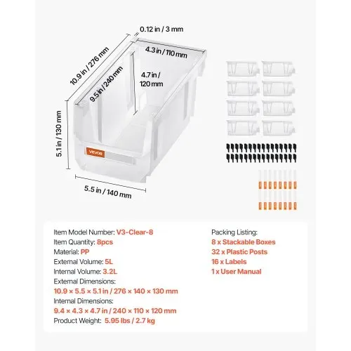 VEVOR Stapelboxen, 276x140x130 mm (8er-Pack), Lagerboxen zum Organisieren & Aufbewahren, Sichtlagerboxen, Sichtlagerkasten, für Schrank, Garage, Kleinteile, Bürobedarf, anderes Zubehör, transparent – Bild 6