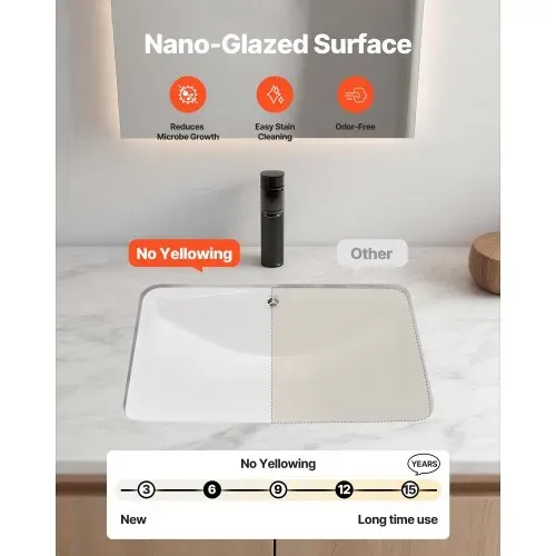 VEVOR Unterbauwaschbecken Handwaschbecken 530 x 375 mm rechteckiges Spülbecken aus Keramik mit Überlaufloch, moderne Unterbauspüle Küchenspüle für kleine Räume, Badezimmerwaschbecken Weiß – Bild 2