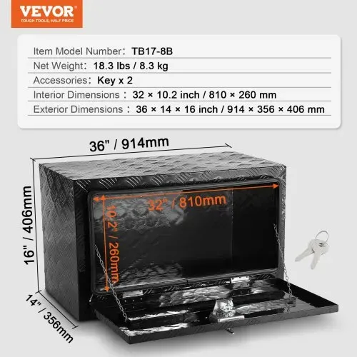 VEVOR Truckbox Werkzeugbox, Unterboden-Anhängerbox, Werkzeugkasten 914 x 356 x 406 mm Pickup-Aufbewahrungsbox, Aluminiumlegierung, 40 kg belastbarer Werkzeugkasten, abschließbare Aufbewahrungsbox – Bild 6