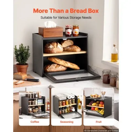 VEVOR Brotkasten mit Acrylfenster 393x262x321 mm Brotbox Bambusholz Schwarz Ideal für Bagels & Muffins, mit Magnetverschluss, Seitenhaken, Belüftungslöchern & 3-Stufig Höhenverstellbarem Einlegeboden – Bild 4