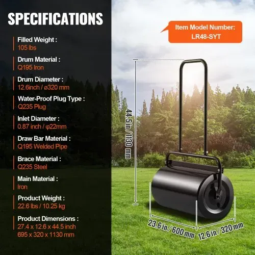 VEVOR Rasenwalze 695x320x1130mm Handwalze Eisen und Q235 Gartenwalze 46L Ackerwalze mit einem Wassereinlass Rasenroller Walze mit U-förmigen Griff Ideal für Gärten Bauernhöfe große Grünflächenparks – Bild 6
