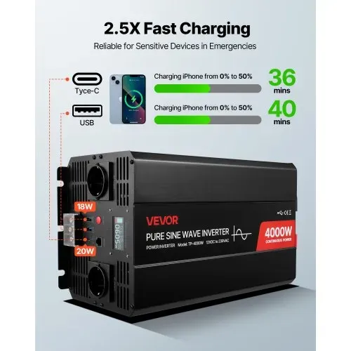 VEVOR 4000 W Wechselrichter, 12 V DC auf 230 V AC, reiner Sinus-Wechselrichter, mit LCD-Display, Fernbedienung, 2 USB-Anschlüssen, 2 AC-Steckdosen, Typ-C-Anschluss, für RV, LKW im Freien – Bild 4