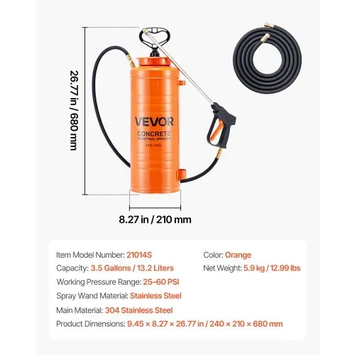 VEVOR Drucksprüher Industriell, 13,2L Edelstahl-Sprühgerät, Hochleistungs-Pumpsprüher, Stab mit ergonomischem Pistolengriff, Schlauch, 2 Messingdüsen, ideal für Bau, Garten – Bild 6