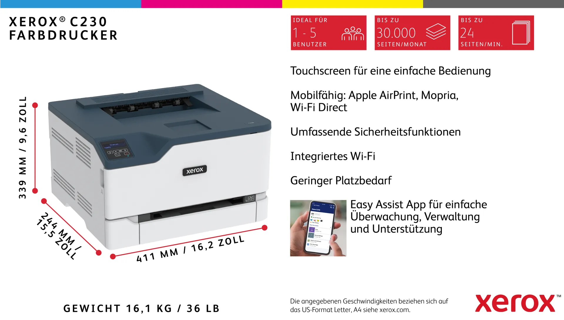 Xerox C230 A4 22 Seiten/Min. Wireless-Duplexdrucker PS3 PCL5e6 2 Behälter Gesamt 251 Blatt – Bild 7