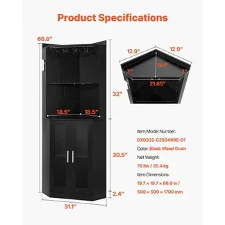 VEVOR Eckbarschrank mit LED-Beleuchtung (Dimmbar), Weinschrank mit Glashalter und Weinregal, Eckschrank mit Kippschutz, Eckbar für Wohnzimmer, Esszimmer und Küche, 50 x 50 x 170 cm Schwarz VEVOR Eckbarschrank mit LED-Beleuchtung (Dimmbar), Weinschrank mit Glashalter und Weinregal, Eckschrank mit Kippschutz, Eckbar für Wohnzimmer, Esszimmer und Küche, 50 x 50 x 170 cm Schwarz