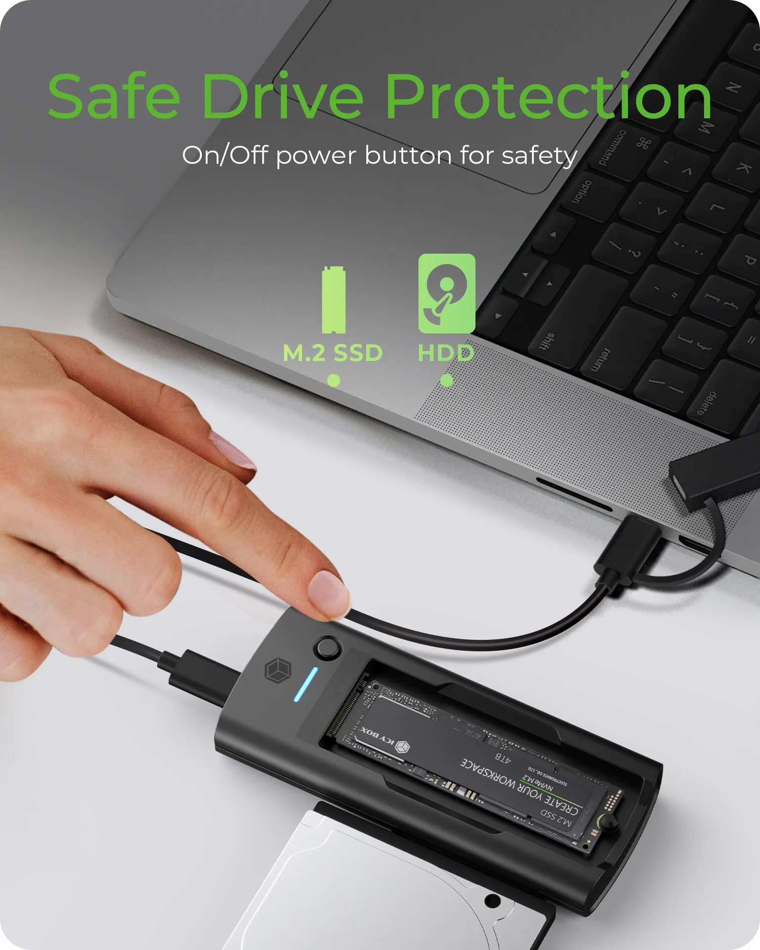 ICY BOX IB-180MS-C31 SSD Docking 1x 2,5"/3,5" & 1x M.2 PCIe NVMe zu USB 3.2 Gen 2 10 Gbit/s, Werkzeuglos, ohne Netzteil, Kunststoff, schwarz – Bild 3