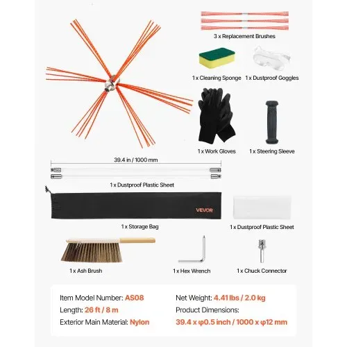 VEVOR Ofenrohrbürste-Set, 8 m max. Länge, Schornsteinbürsten, Schornsteinfeger-Satz, Kaminbürste, um 90° biegbares Kaminreinigungswerkzeug, für quadratische & rechteckige Schornsteine – Bild 6