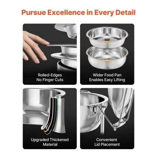VEVOR Chafing Dish Buffet Speisenwärmer mit 4 Behältern in voller Größe (4,7 L pro), runder Catering-Wärmespender mit Deckel & Wasserpfanne & klappbarer Ständer, für Hochzeiten Partys Silber – Bild 2