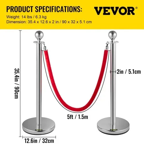 VEVOR Personenleitsystem 8 Ständer, 90 cm Gesamthöhe Absperrung, Abgrenzungsständer Leitpfosten, Absperrständer mit 1,5 M Länge Gürtel für Hochzeit Flughafen, Ständer aus Stahl und Eisen, Silber Rot – Bild 6