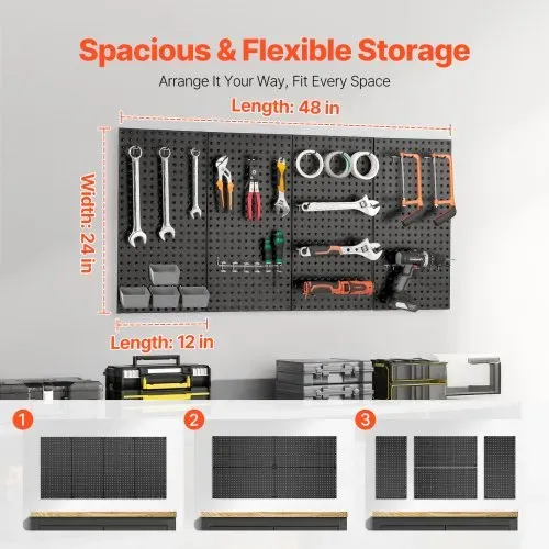 VEVOR Werkzeugwand, 61 x 30 cm, 4er-Set, robuster Stecktafel-Wand-Organizer mit Zubehör, für Wohnzimmer, Garage, Werkzeugaufbewahrung, Büroorganisation, Bastelraum, Küche, Zuhause, schwarz – Bild 3