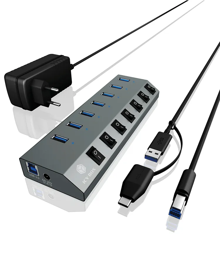 ICY BOX IB-HUB1701-C3, 7 Port USB 3.2 Gen 1 Type-A Hub, Aluminium Gehäuse, mit 7x USB Type-A, Type-A + Type-C Host, An-/Ausschalter für jeden Port ICY BOX IB-HUB1701-C3, 7 Port USB 3.2 Gen 1 Type-A Hub, Aluminium Gehäuse, mit 7x USB Type-A, Type-A + Type-C Host, An-/Ausschalter für jeden Port