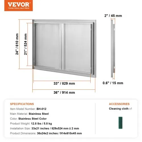 VEVOR Grill-Zugangstür, 914 x 610 mm, Doppelte Außenküchentür, Flächenbündig Montierte Edelstahltür, Vertikale Wandtür mit Versenkbaren Griffen, für Grillinsel, Grillstation, Außenschrank – Bild 6