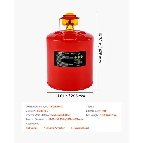 VEVOR Sicherheitskanister, 19 L Typ I, Sicherheitsbehälter für Benzin mit Flammensperre, selbstschließendem Deckel & PE-Trichter, ergonomischem Griff, Lagerbehälter für brennbare Stoffe, Rot – Bild 6