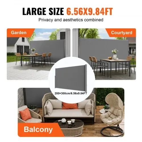 VEVOR Seitenmarkise 200 x 300 cm Seitenwandmarkise aus 180 g/m² Polyestergewebe mit PU-Beschichtung Markise einziehbarer Griff mit Federmechanismus Sichtschutz Blickschutz für Balkone Innenhöfe Grau – Bild 5
