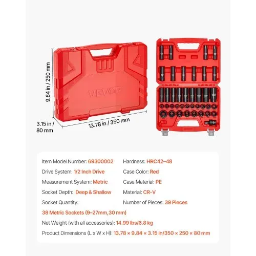 VEVOR 1/2 Zoll-Antrieb Schlagschrauber-Steckschlüsselsatz, 39-tlg. Muttern Entferner Set metrisch 9-30 mm, hochbelastbarer Chrom-Vanadium-Stahl, mit Kardangelenk & doppelter Größenmarkierung – Bild 6