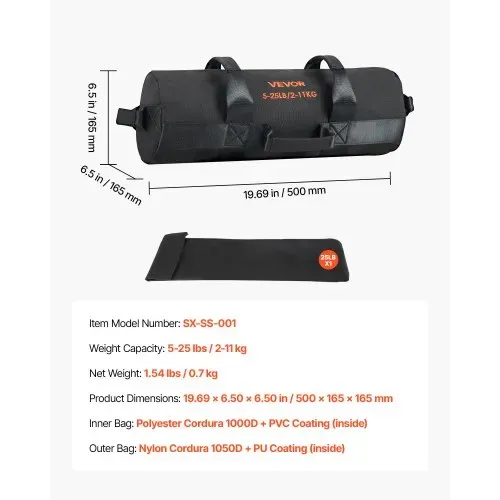 VEVOR Workout-Sandsack, strapazierfähige Powerbags Sandsack-Trainingstasche mit Griffen, verstellbar 2-11 kg für Fitness-Krafttraining, Cross-Training, Fitnessstudio-Übungen, Schwarz (ungefüllt) – Bild 6