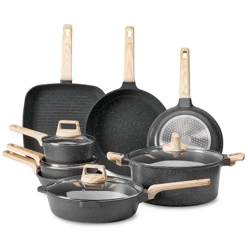 VEVOR Induktion Töpfe Pfannen Set (19-teilig) mit Glasdeckel, antihaftbeschichtetes Kochgeschirr, Induktionskochtöpfe für die Küche im Wohnmobil zum Braten, Würzen von Soßen und Kochen (Schwarz) – Bild 8