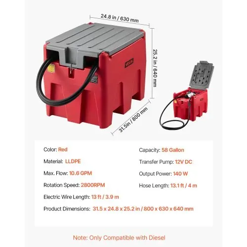 VEVOR Tragbarer Dieseltank, 220 L Fassungsvermögen & 48L/min Durchflussrate, Gaskraftstofftank mit 12 V Transferpumpe & 4 m Gummischlauch, PE-Diesel-Transfertanks für Kraftstofftransport, Rot – Bild 6