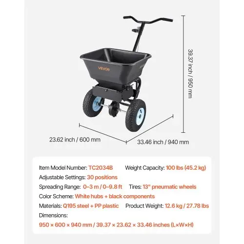 VEVOR Streuwagen, 45 kg Fassungsvermögen, Düngerstreuer, 0–3 m Streubreite, Schleuderstreuwagen mit 33 cm Luftreifen, Saatgutstreuer mit Einfülltrichter, als Aussaathilfe oder Düngerwagen – Bild 6